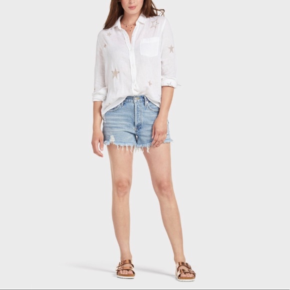 Rails Tops - Rails Charli White Button Down Linen Rose Gold Embroidered Stars Sz Med